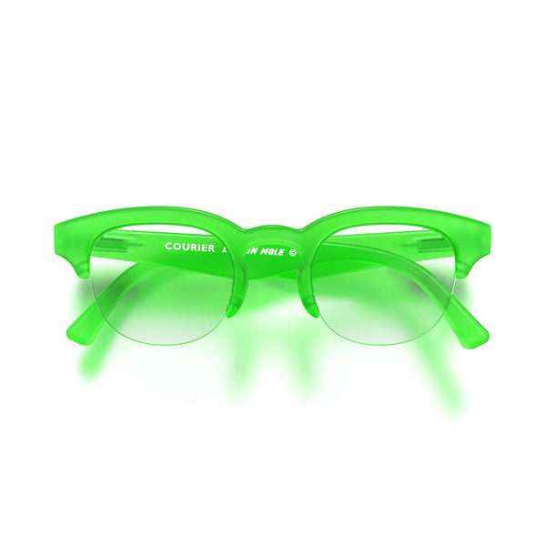 Courier zeros in rubberised fluorescent transparent green