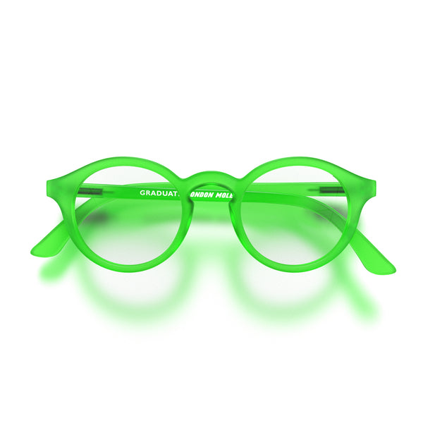 Graduate reading glasses in rubberised fluorescent transparent green