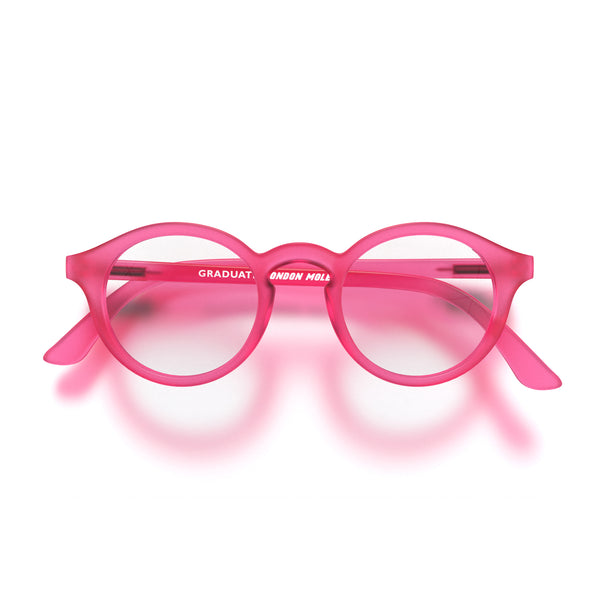 Graduate reading glasses in rubberised fluorescent transparent pink