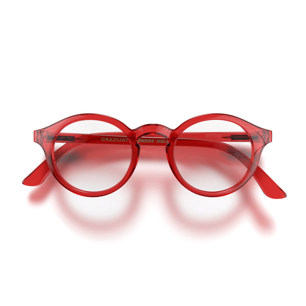 Graduate reading glasses in gloss transparent red