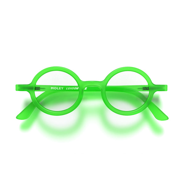 Moley reading glasses in rubberised fluorescent transparent green