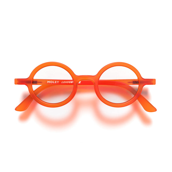 Moley reading glasses in rubberised fluorescent transparent orange