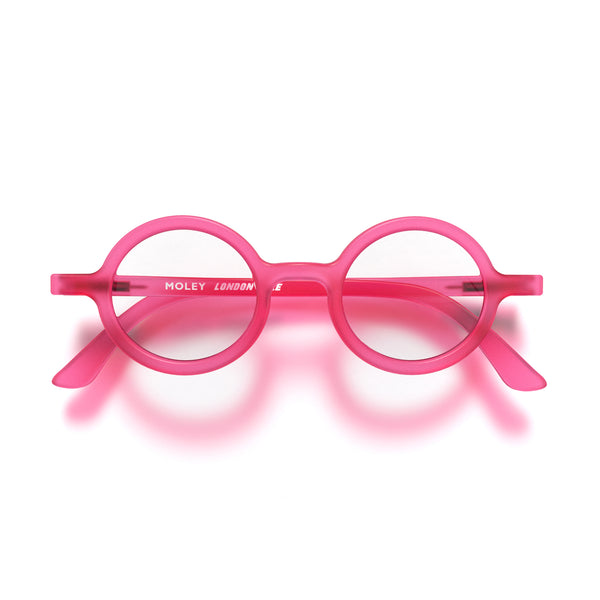 Moley reading glasses in rubberised fluorescent transparent pink