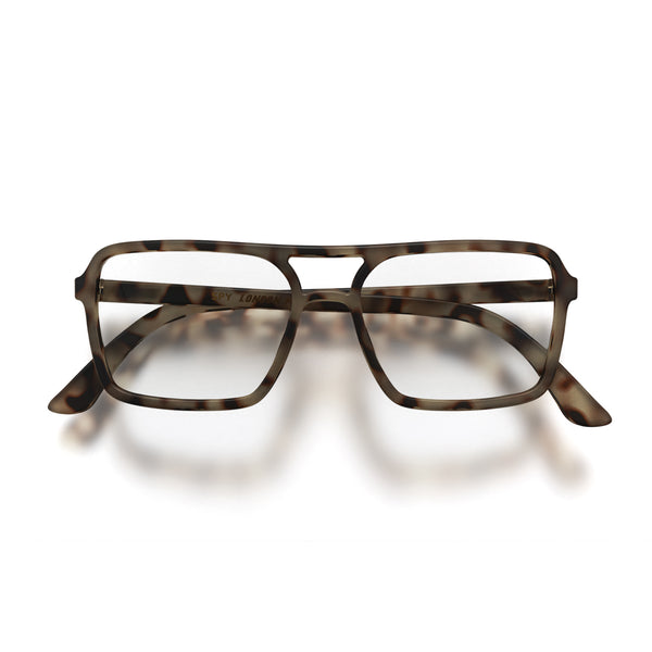 Spy blue blocker glasses in matt pale tortoiseshell