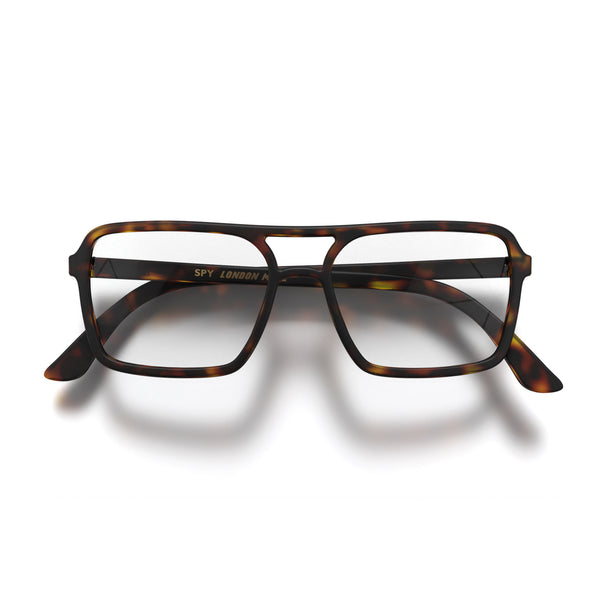 Spy blue blocker glasses in matt tortoiseshell